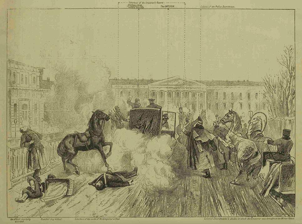 Attentatet på Kejser Alexander II den 13. marts 1881. Gengivet efter The Illustrated London News, 2. april 1881.