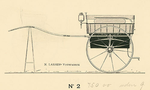 Tegning af tohjulet dogcart i udateret katalog fra N. Larsens Vognfabrikker i København.