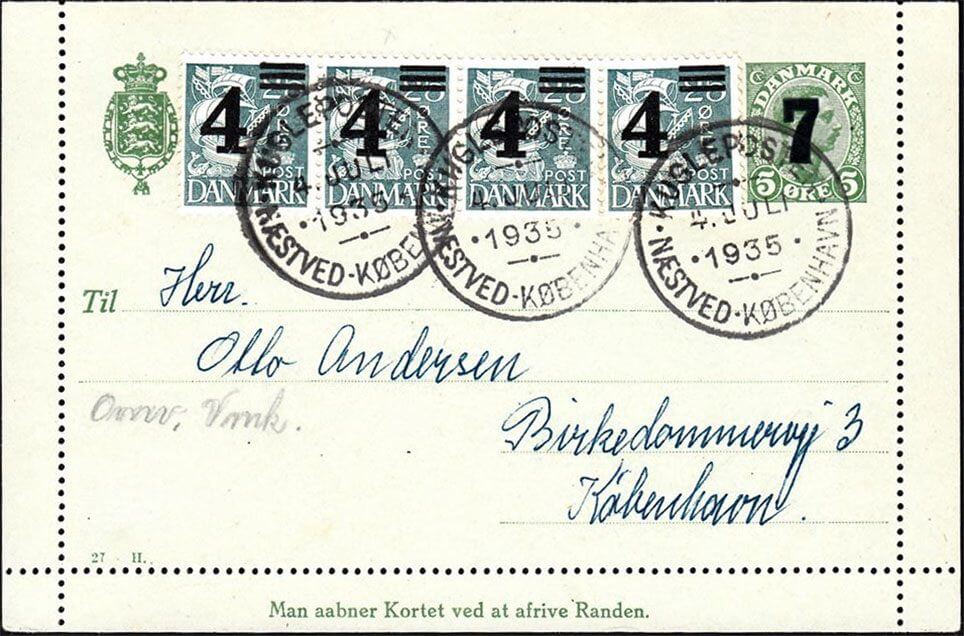 Brevkort med kuglepostens stempel Næstved-København 1935.