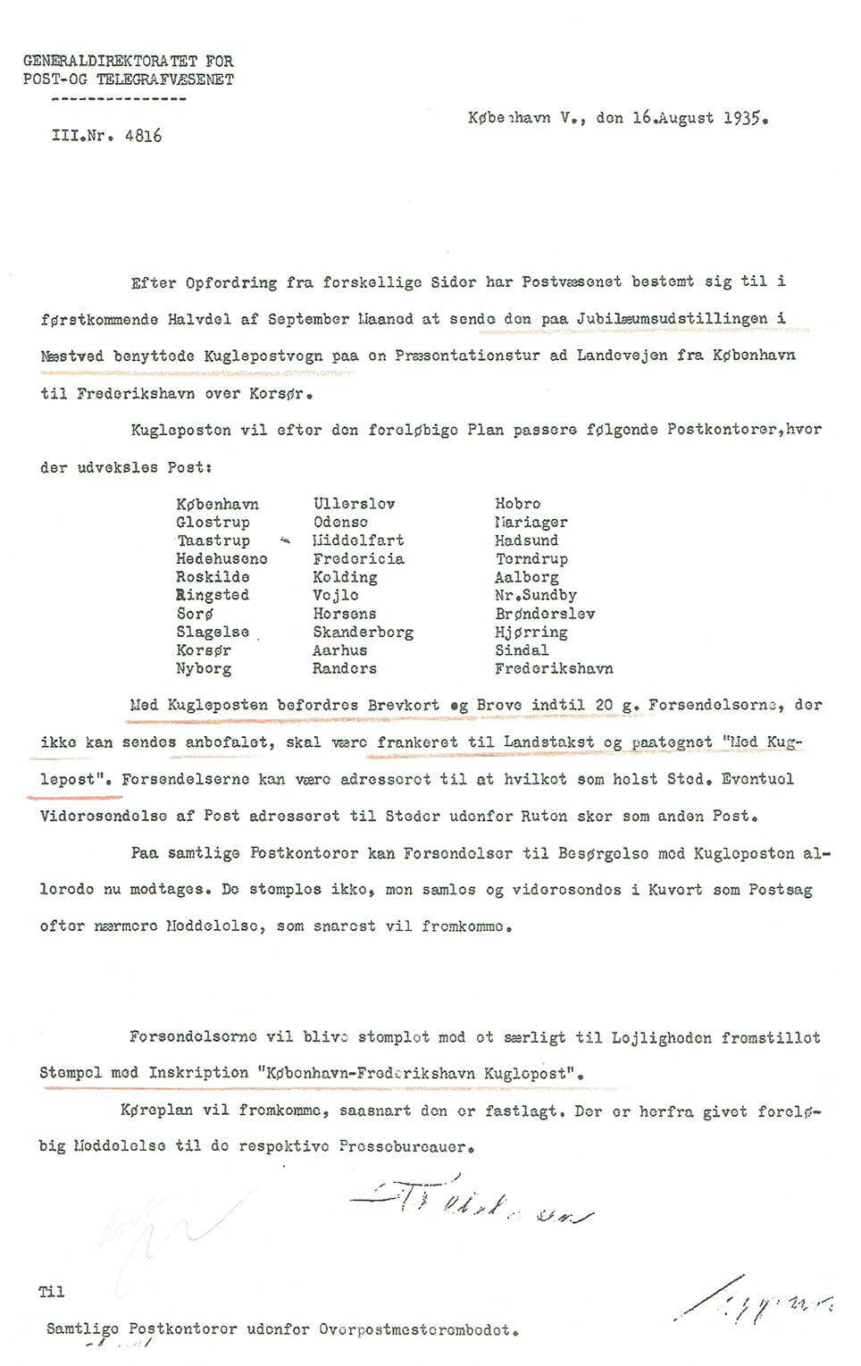 Skrivelse fra Generaldirektoratet for Post- og Telegrafvæsenet, 16. august 1935.