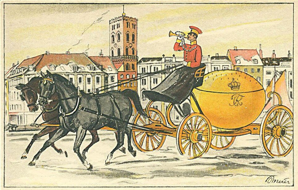 Kuglepost i København. Postkort tegnet af Ove Meier og udgivet af J. Chr. Olsens Kunstforlag.