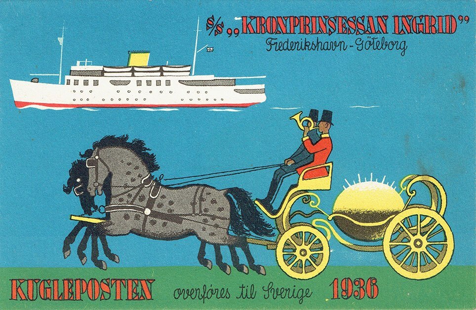 Kugleposten overføres til Sverige 1936 via S/S "Kronprinsessan Ingrid". Postkort.