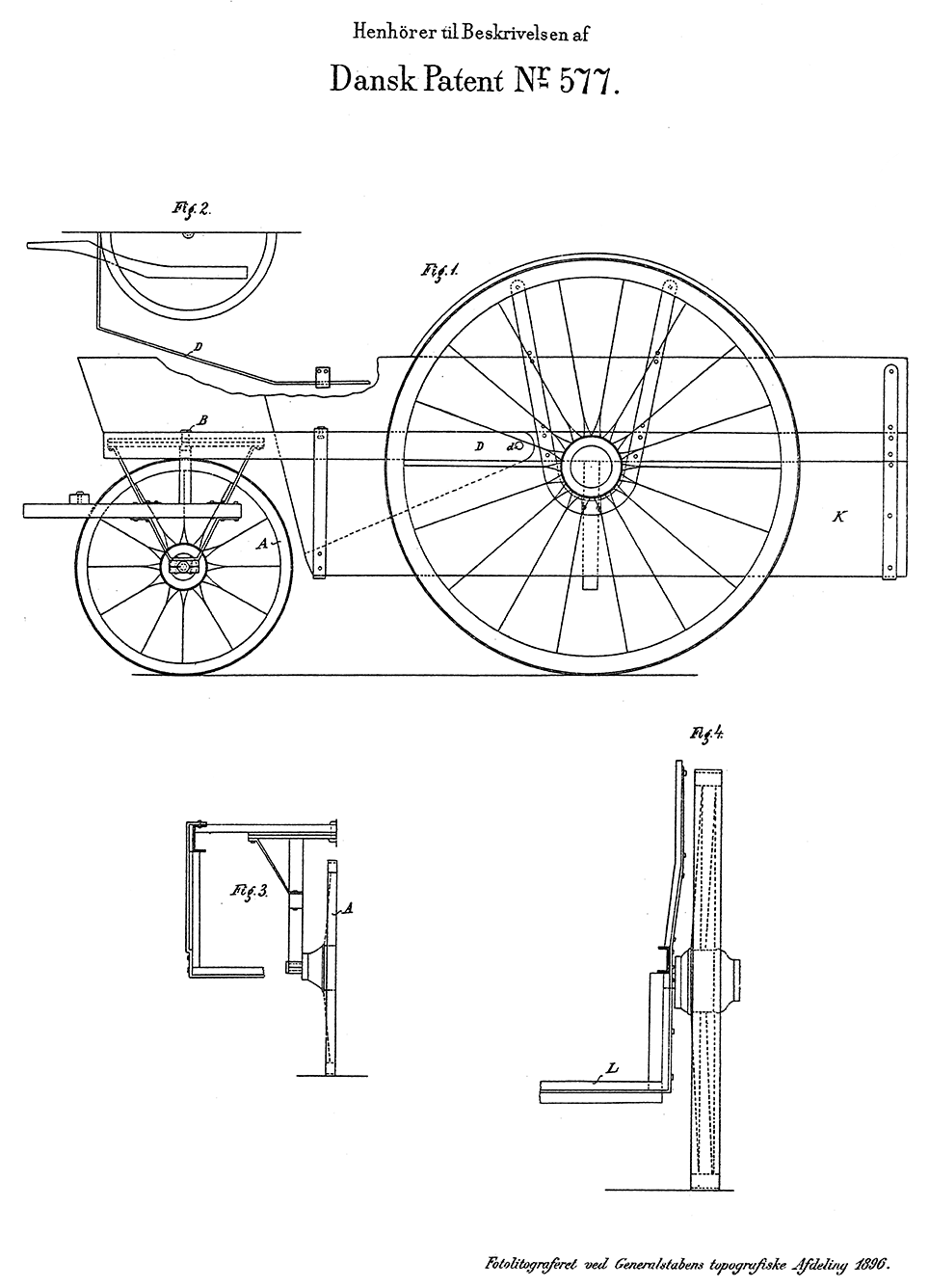Tegning af trehjulet arbejdsvogn vedrørende patent 577, udstedt den 12. juni 1896.