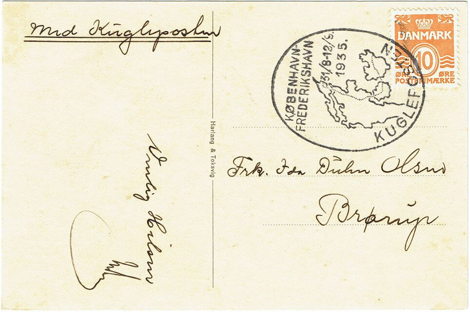 Postkort fra Kuglepostens tur København-Frederikshavn 1935.