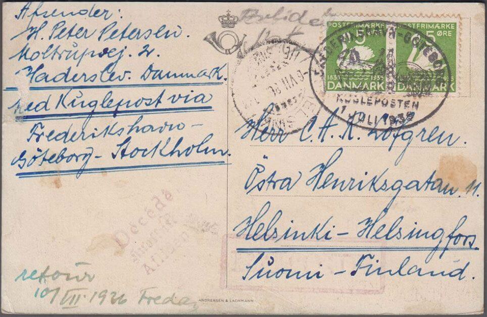 Postkort afsendt fra Haderslev til Helsingfors i Finland til befordring med kugleposten via Frederikshavn-Göteborg-Stockholm.