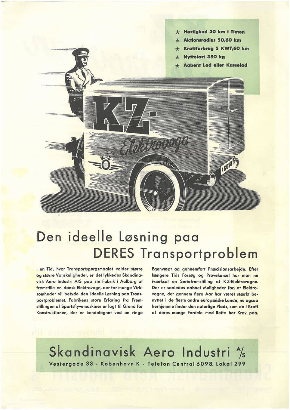 Brochure over KZ-Elektrovogn, side 2. Danmarks Flymuseums samling.