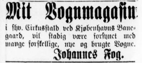 Annonce for Johannes Fogs vognmagasin. Roskilde Dagblad, 17. marts 1900.