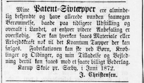 Annonce for Christensens Patent-Sivtæpper 1873.