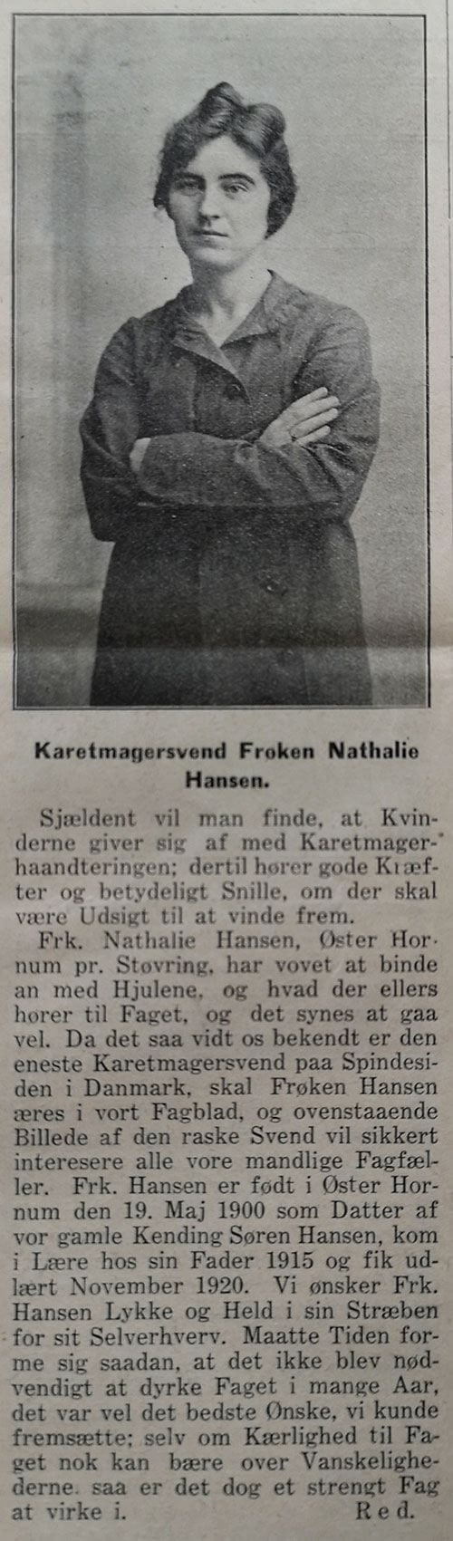 Karetmager Nathalia Hansen. Artikel i Medlemsblad for Sammenslutningen af Karetmagermestre i Danmark, 13. september 1921.