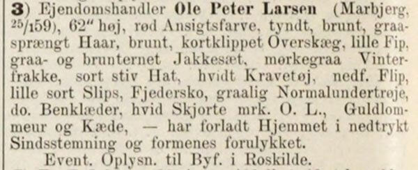 Efterlysning af Ole Peter Larsen i Politiefterretninger nr. 135, 16. november 1909, s. 2.