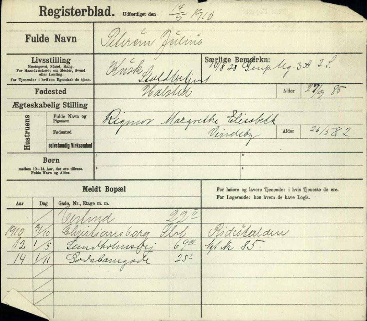 Politiets registerblad over Julius Petersen og hans hustru Rigmor Margrethe Elisabeth, født Jørgensen
