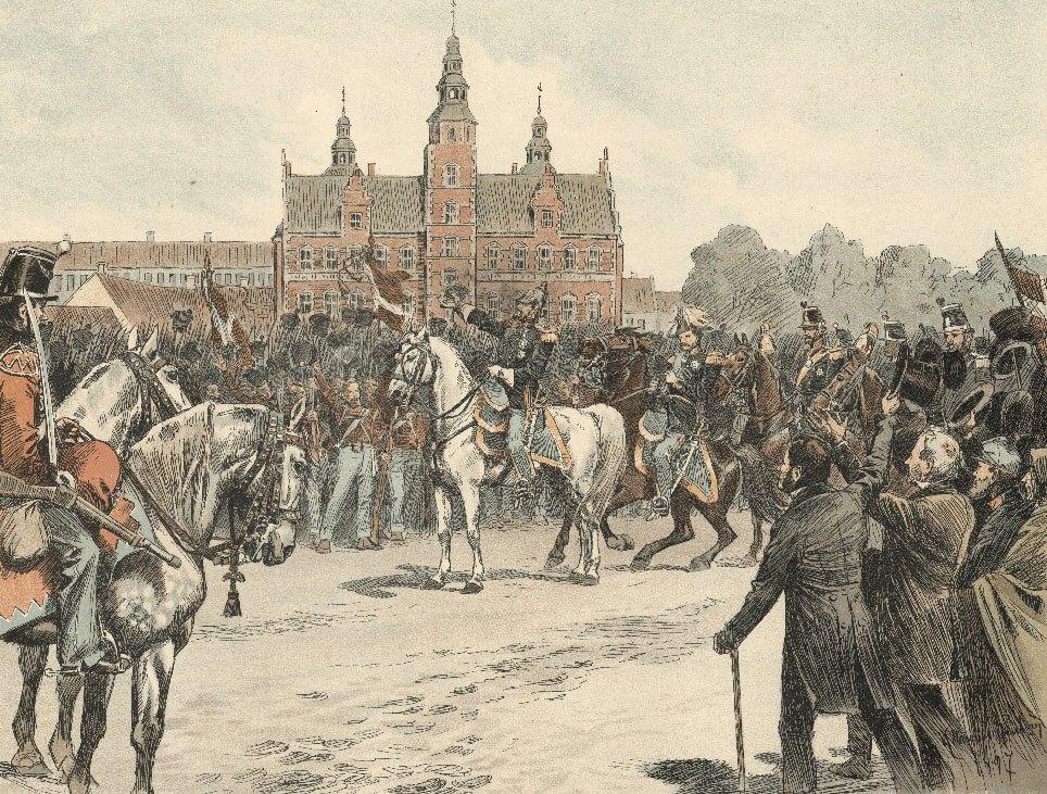 Frederik 7. tager afsked med Københavns garnison i marts 1848 foran Rosenborg Slot