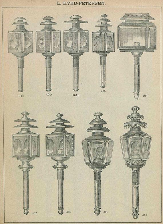 Side med vognlygter i Hviid-Petersens katalog 1895.