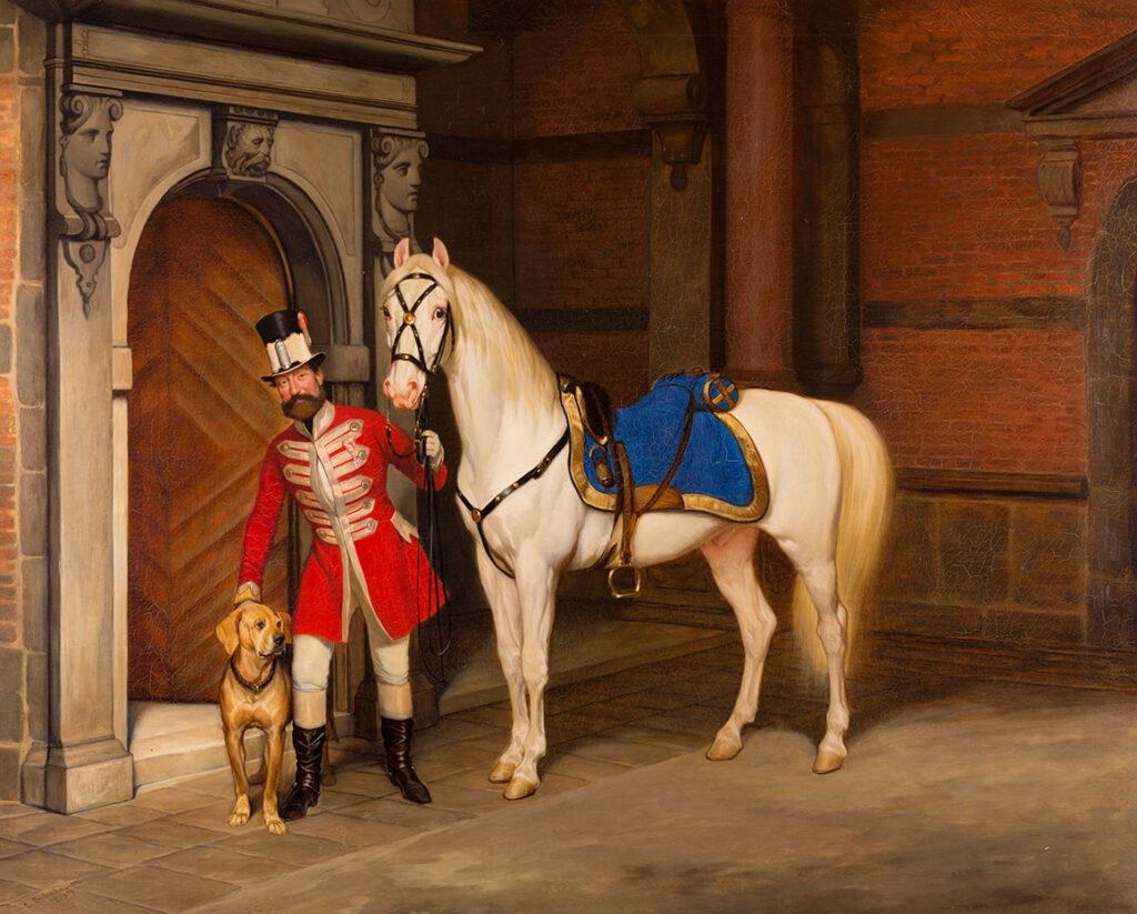 Frederik 7.s ridehest Perlen, holdt af kongens rideknægt Anders Pedersen.