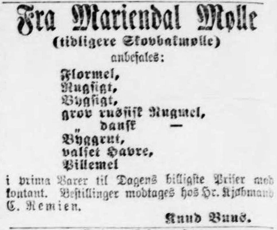 Annonce fra Mariendals Mølle, der netop var flyttet fra Skovbakken. Aalborg Stiftstidende, 21. september 1892, s. 4.