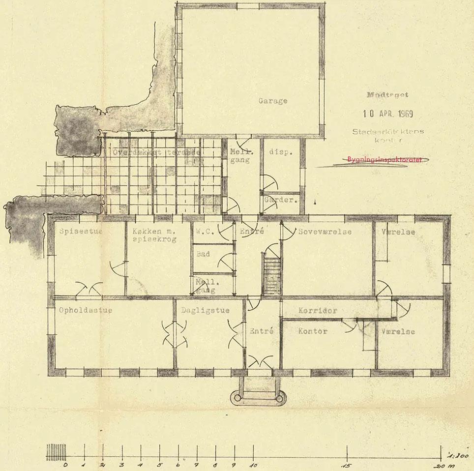 Indretning af beboelseshuset ved Mariendals Mølle, stueplan. Stadsgartnerens kontor, Aalborg, 16. januar 1969. Weblager.dk.