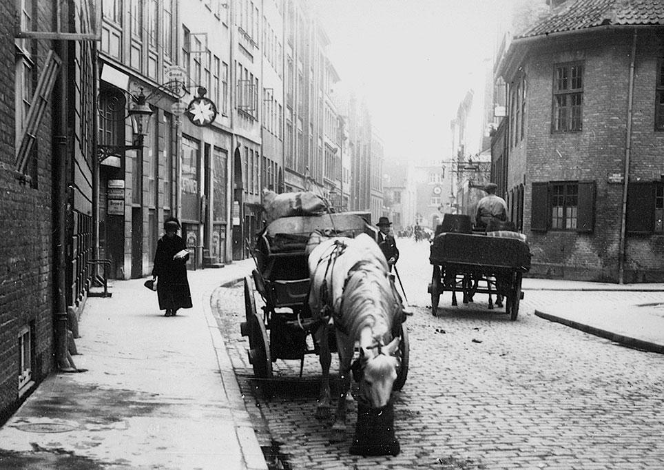 Hestekøretøjer i Krystalgade, København. Hesten i forgrunden bliver fodret med mulepose. Foto: Paul Fischer, Københavns Museum, kbhbilleder.dk