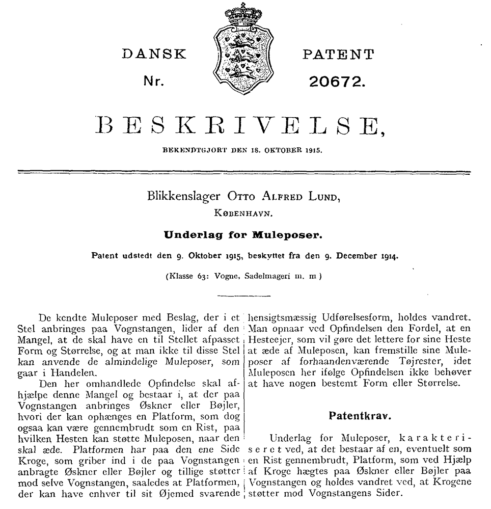 Patentskrivelse vedrørende Otto Alfred Lunds patent på underlag for muleposer. Det kgl. Bibliotek.