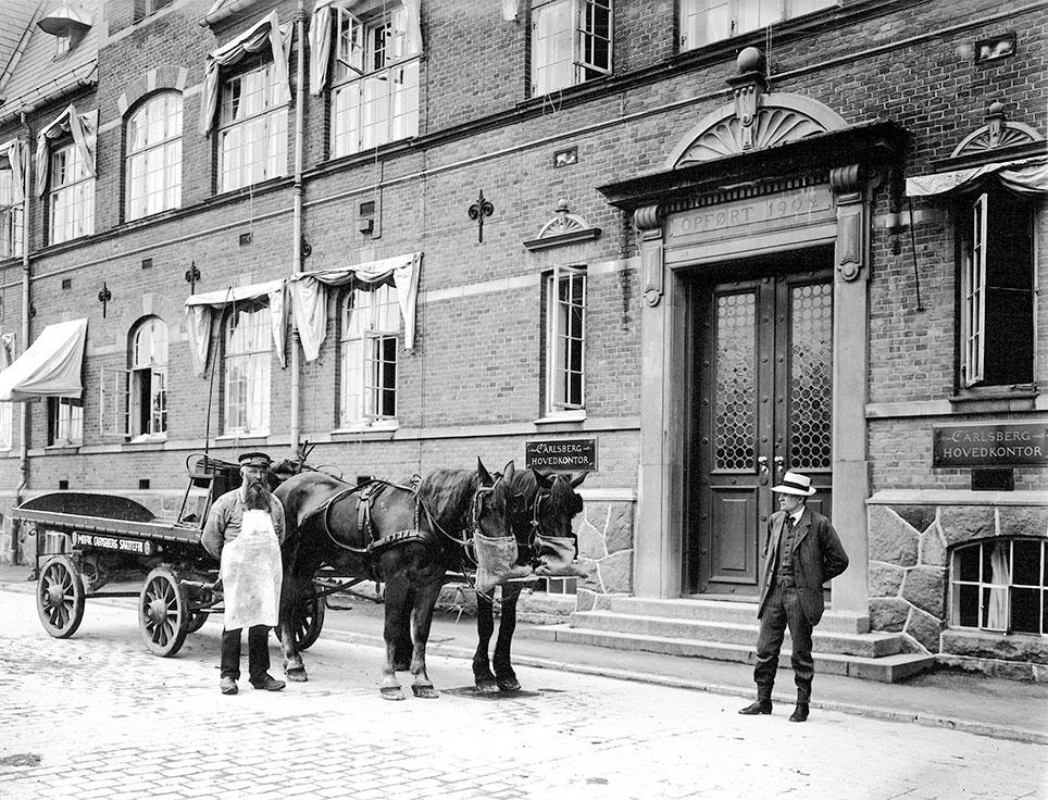 Ølvogn med tospand foran Carlsbergs hovedkontor, Vesterfælledvej 100. Hestene bliver fodret med muleposer, der hviler på blikkenslager Lunds underlag monteret på vognstangen