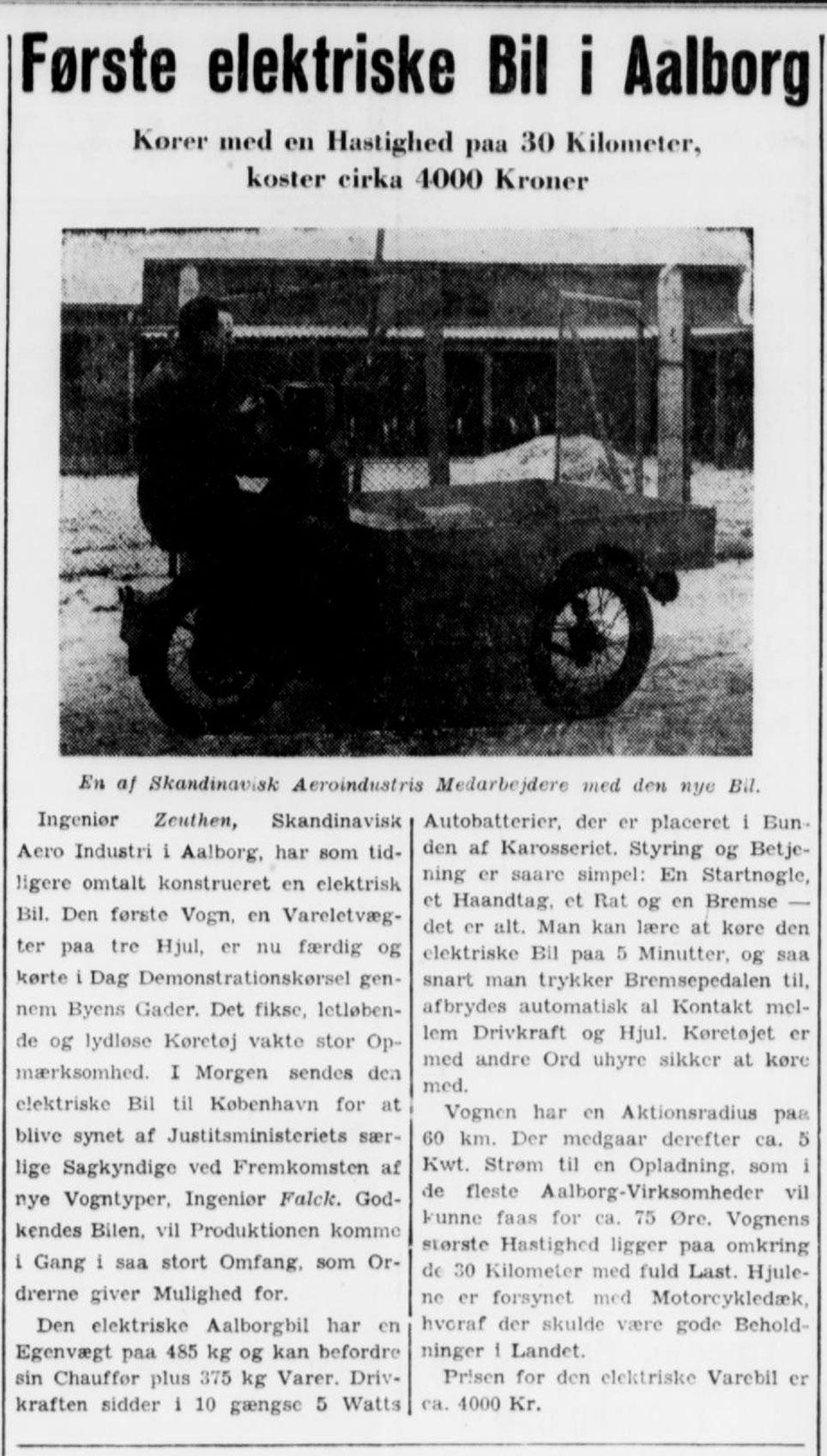 Omtale af den første elektriske bil fra Skandinavisk Aero Industri i Aalborg. Aalborg Amtstidende, 21. februar 1941, s.6