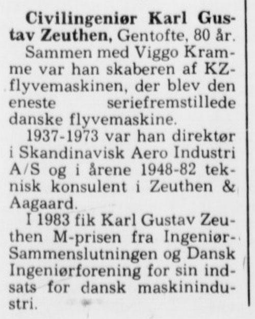Nekrolog over Karl Gustav Zeuthen, Aalborg Stiftstidende, 6. september 1989, s. 19.