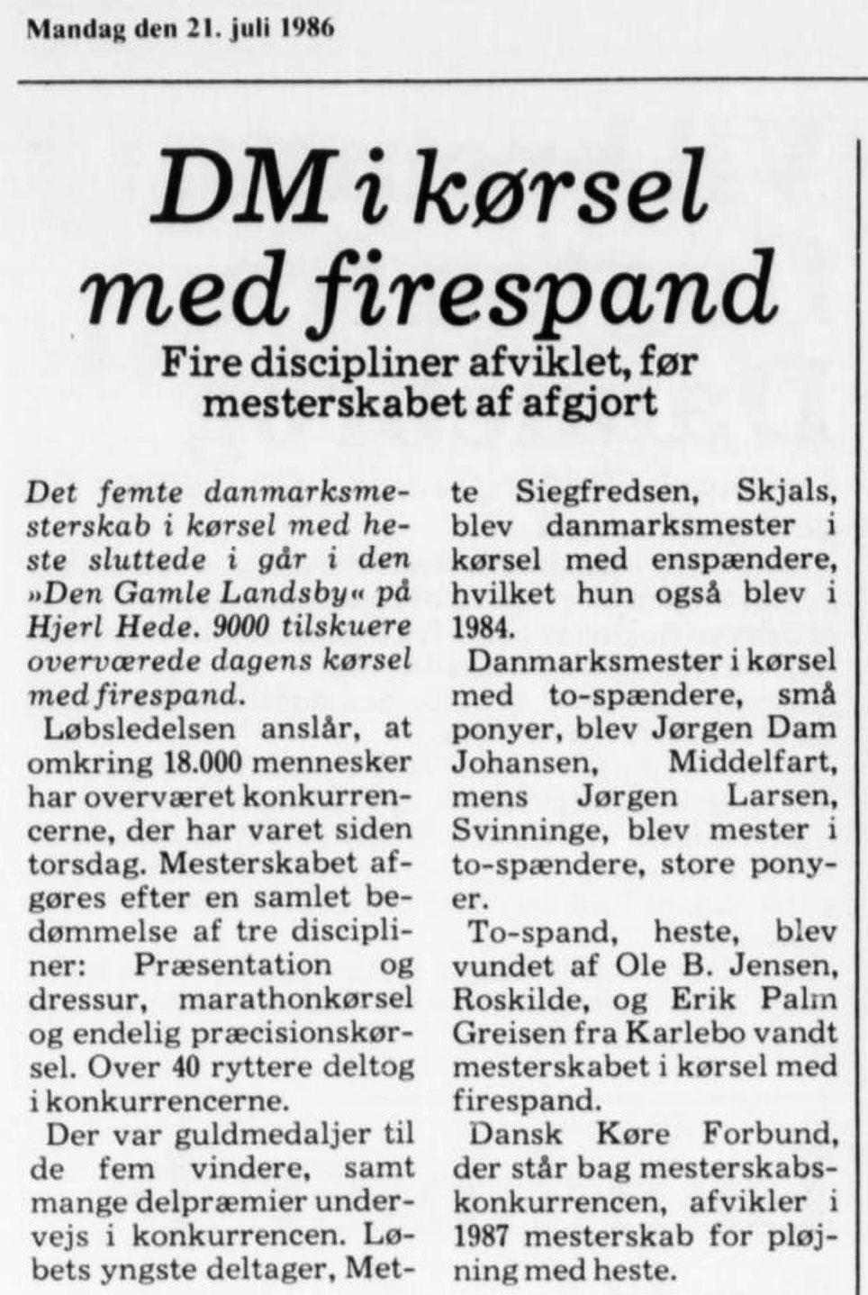 Omtale af DM og danmarksmestre på Hjerl Hede i 1986. Skagens Avis, 21. juli 1986, s. 5.