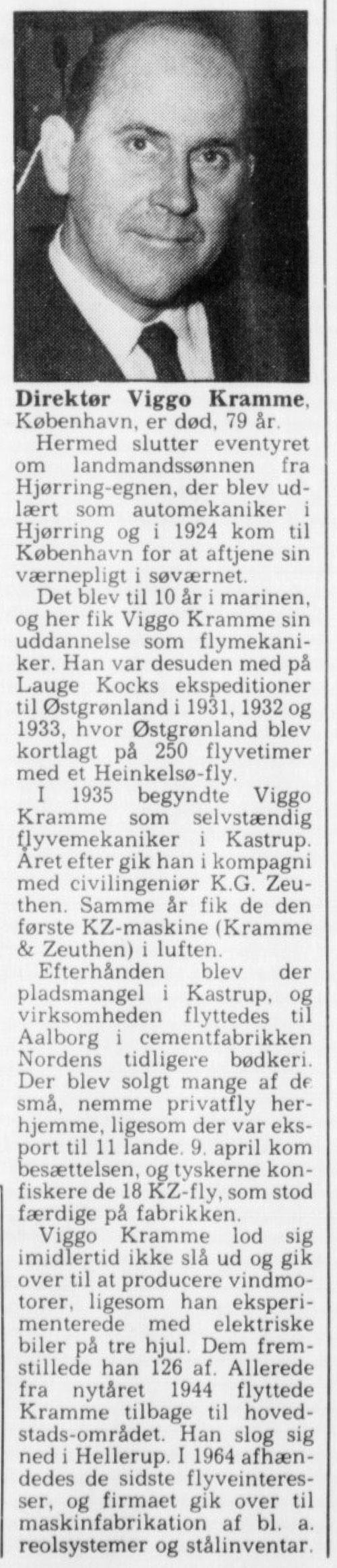 Nekrolog over Viggo Kramme i Aalborg Stiftstidende, 24. august 1984, s. 10.
