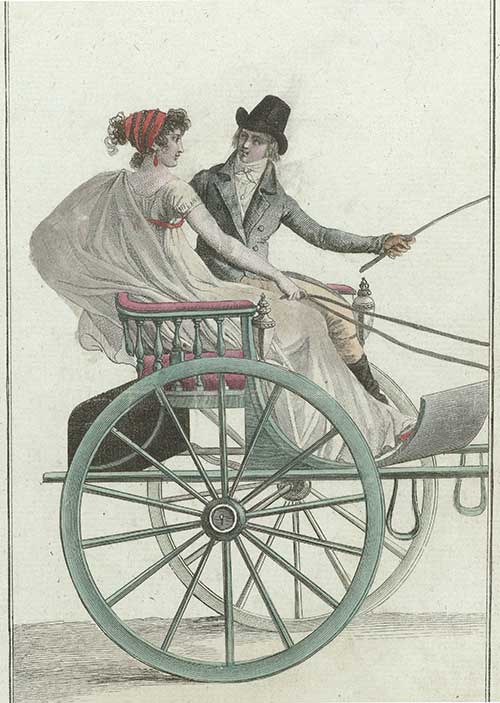 En velklædt herre kører i gig med sin smukke ledsagerske. Gengivet efter Journal des Dames et des Modes, Costume Parisien, 1. september 1799. Rijksmuseum, Amsterdam.
