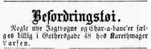 Annonce for karetmager Larsen i Berlingske Politiske og Avertissementstidende, 6. juli 1860, s. 7.