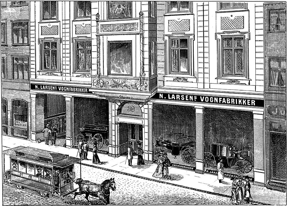N. Larsens Vognfabrikkers udstillingsvindue i Bredgade 20, København. "Uden tvivl vil dette butiksvindue blive Bredgades great attraction", skrev pressen i 1899.