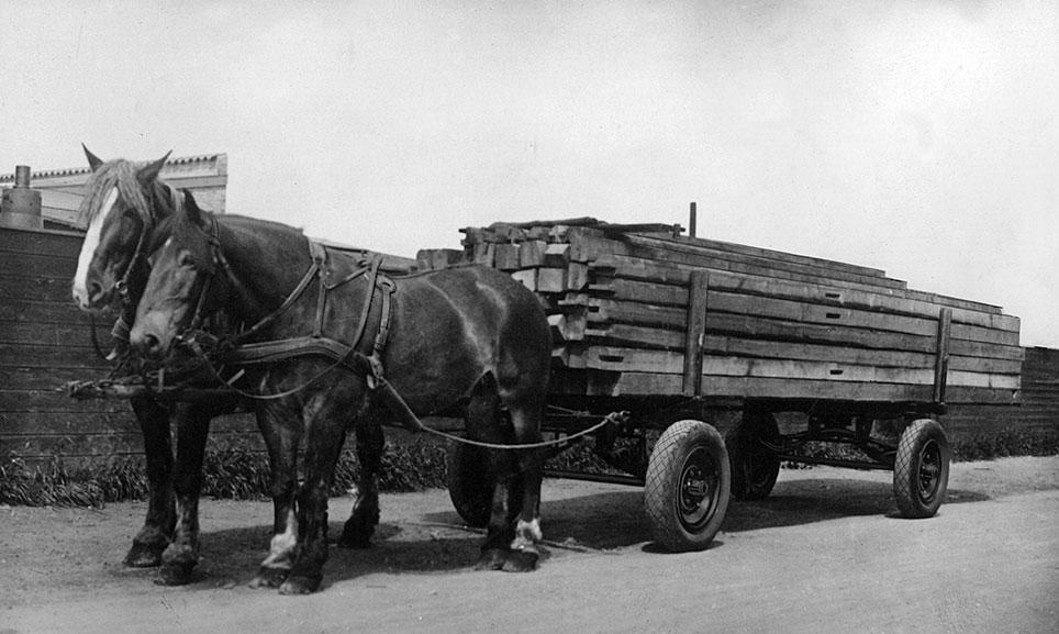 Tømmervogn med gummiringe og SKS kuglelejer. Hestene går med arbejdsbringeseler med rebskagler og bringekobler af kæde. Foto: SKF Danmarks arkiv.