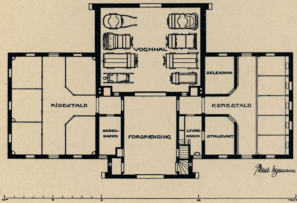 Bernhard Ingemanns tegning af staldbygning til Carl Moresco 1911.