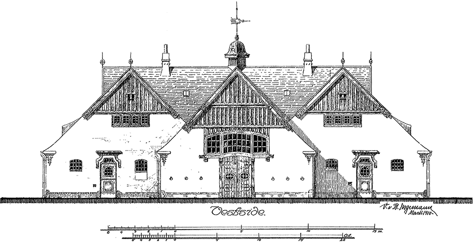 Vestsiden af Carl Morescos nye staldbygning. Tegning signeret V. & B. Ingemann, marts 1910. Gengivet efter sagsakt på weblager.dk, Gentofte kommune.