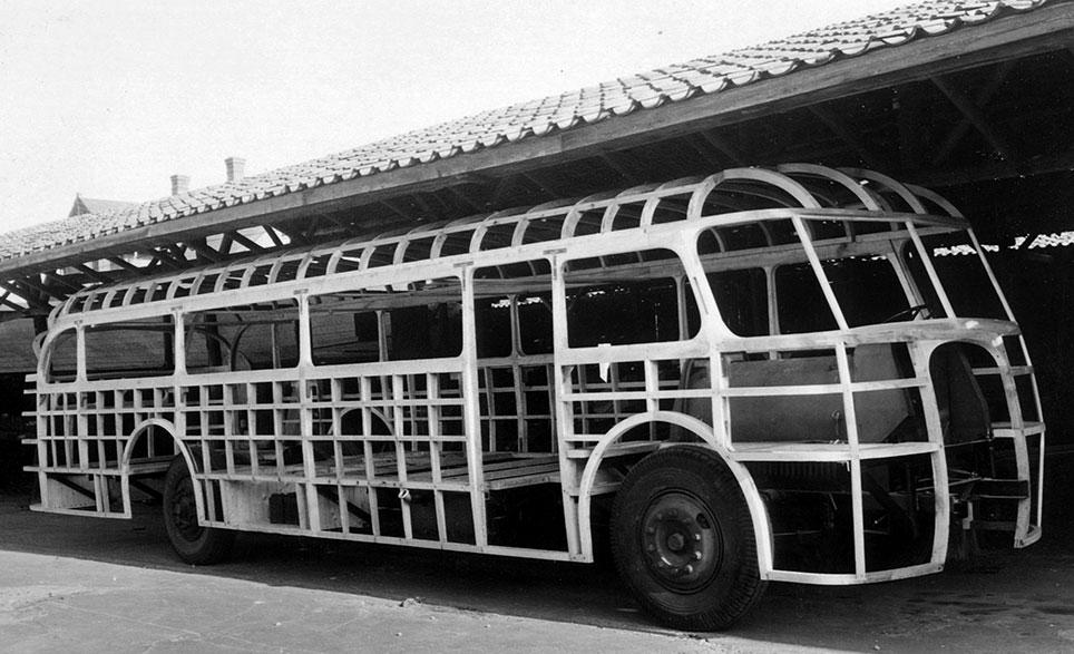 Trækarrosseri til en bus bygget i 1949 på et fransk Floirat chassis på Assens Karosserifabrik.