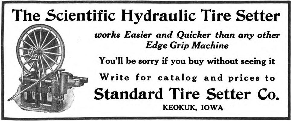 Annonce for The Scientific Hydraulic Tire Setter stukkemaskine til hjulringe. Gengivet efter American Blacksmith, Vol. 8, november 1908, s. 12.