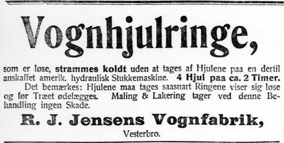 Annonce fra R. J. Jensens Vognfabrik i Odense om stramning af løse hjulringe på amerikansk stukkemaskine. Fyens Stiftstidende, 5. maj 1913.