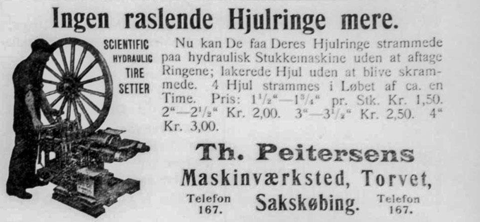 Annonce fra Th. Peitersens Maskinfabrik i Sakskøbing. Lolland Falsters Folketidende 12. juni 191.