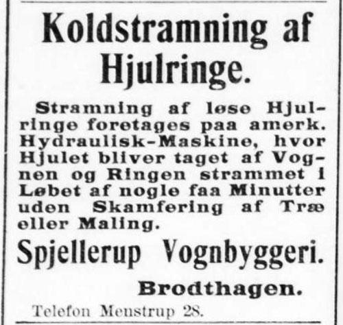 Annonce fra Spjellerup Vognbyggeri pr. Menstrup. Næstved Tidende. Sydsjællands Folkeblad, 1. august 1911.