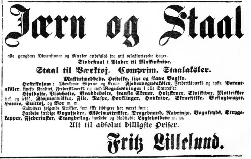 Fritz Lillelund i Næstved forhandlede vognaksler og bøsninger fra Frederiksværk og Tyskland. Næstved Tidende, Sydsjællands Folkeblad, 9. maj 1906, s. 4.