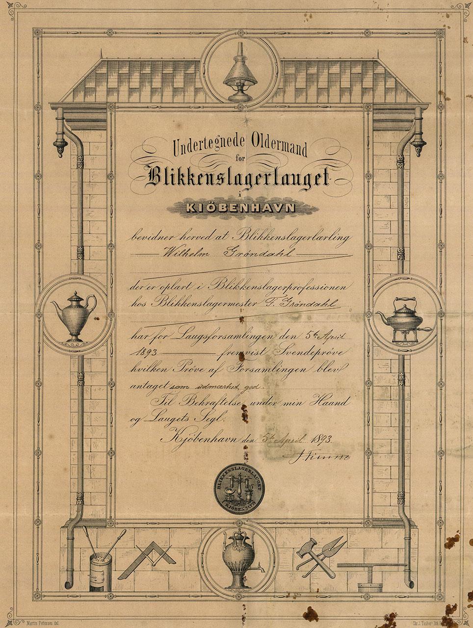Svendebrev for Wilhelm Grøndahl, der havde været i lære hos sin far, og fremviste sit svendestykke for blikkenslagerlavet den 5. april 1893. Svendestykket blev antaget med bedømmelsen "udmærket god". Privateje, digital kopi i forfatterens arkiv.