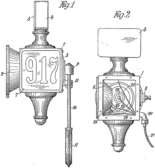 Vilhelm Grøndals patent nr. 37929 på elektrisk automobillygte især til motordrosker.