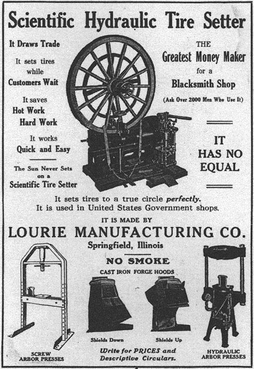 Annonce for Scientific Hydraulic Tire Setter, der blev udviklet i 1916 af Lourie Manufacturing Co. i Springfield, Illinois, USA.