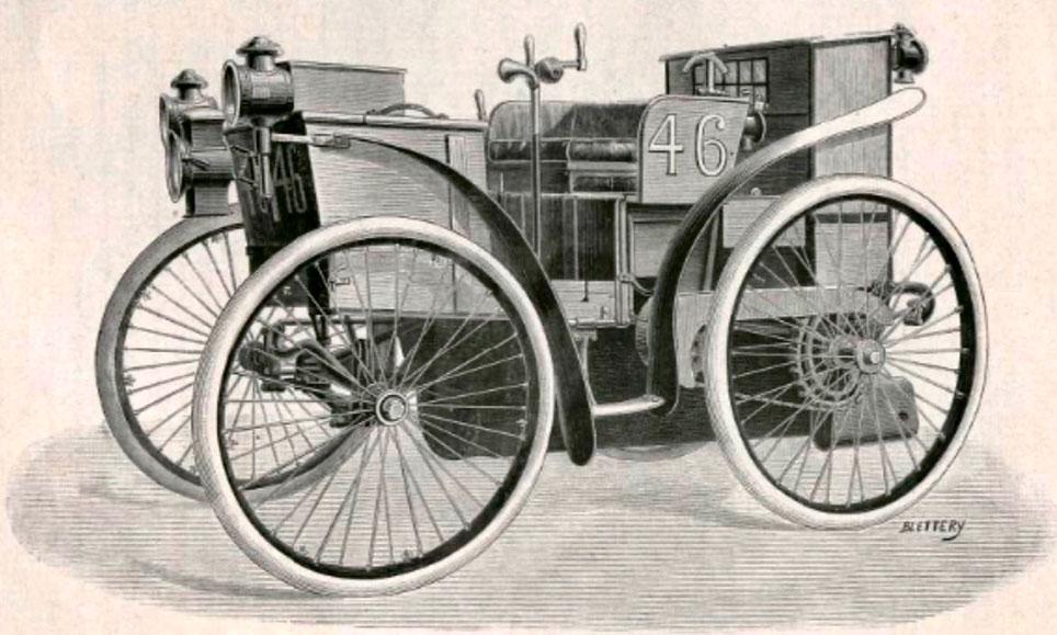 Michelins automobil L'Éclair fra 1895 var den første, der kørte med Michelin luftringe. Foto: Wikipedia.