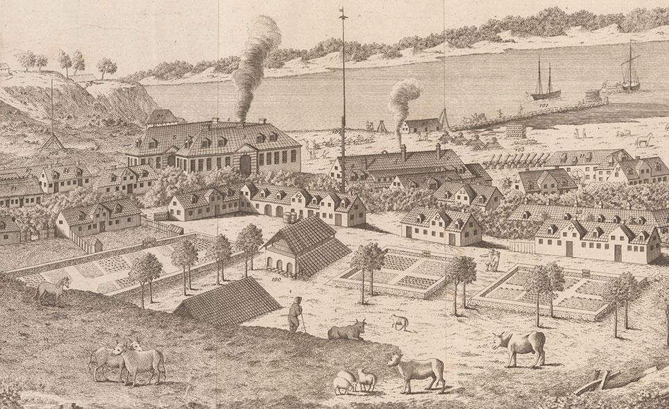 Fridrics Wærck (Frederiksværk) 1773. Radering (udsnit) af Christian August Lorentzen (1746-1828).