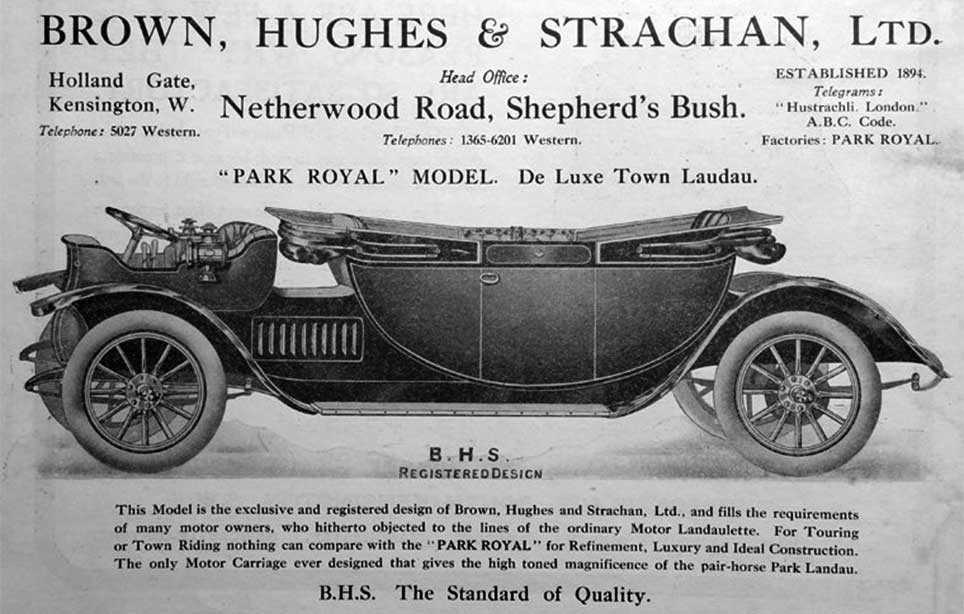 Et "Park Royal" landauer-automobil præsenteret på London Motor Show i 1911. Karosseret var bygget af Brown, Hughes og Strachan, Kensington, London.