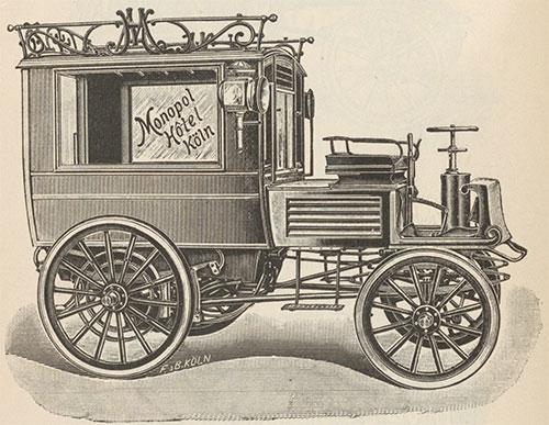 Elektrisk hotelomnibus. Tegning gengivet efter Ringer, 1902.