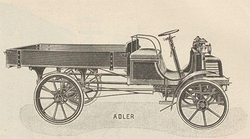 Adler varetransportvogn til 500 kg last. 4 hk motor og massive gummiringe. Vognkassen kan tages af og erstattes af sæder, så bilen kan benyttes til lystkørsel.