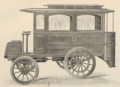 Omnibus med benzinmotor. Gengivet efter Ringer, 1902.