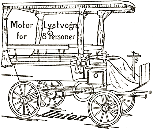 Union lystvogn (char-à-banc) med benzinmotor og aftageligt tag og gardiner. Forhandlet af H. C. Frederiksens Bensinmotor-, Cykle- & Avtomobilfabrik, Roskildevej 39, København, 1902.