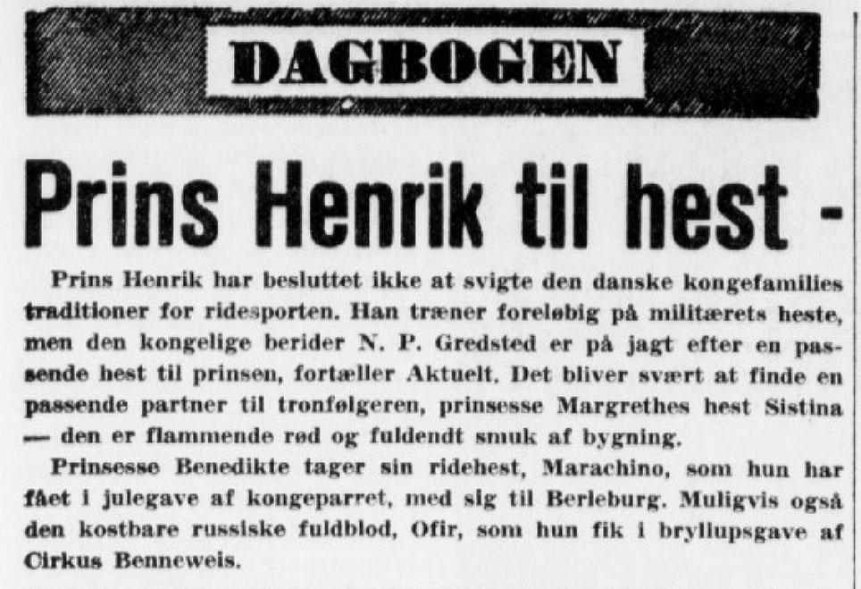 Notits om prins Henrik til hest bragt i Morsø Folkeblad, 19. februar 1968.